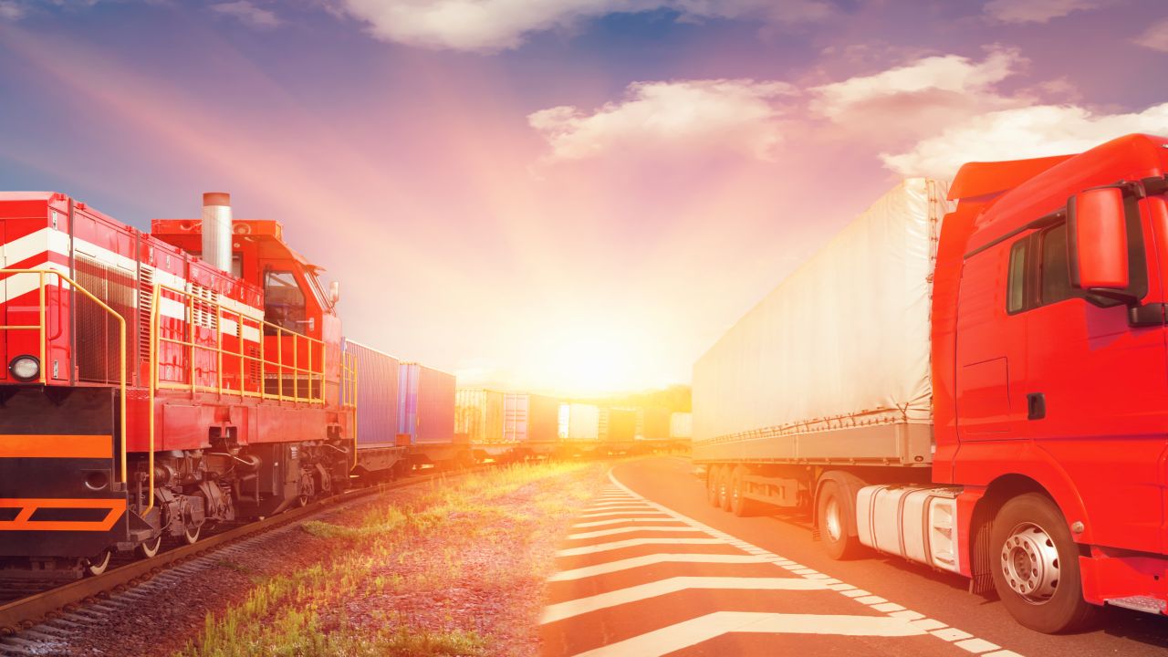 Collage of freight train and truck driving side by side